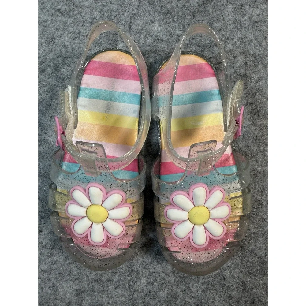 Happily Grey Kids Girls Size 9 Jelly Sandals Glitter Daisy Rainbow Clear Pink
